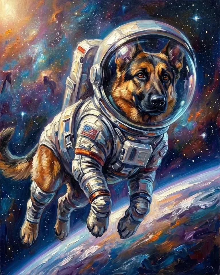 A German shepherd floats above the curve of the Earth in a white spacesuit and a glass helmet, the stars and a nebula behind it painted in thick oils.