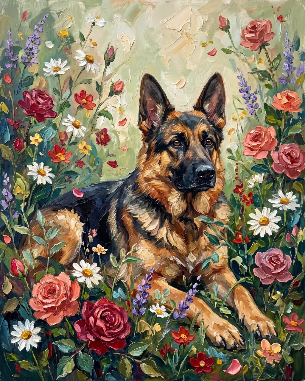 A German shepherd lies among roses, daisies and lavender, its coat and every petal built from thick ridges of oil paint.