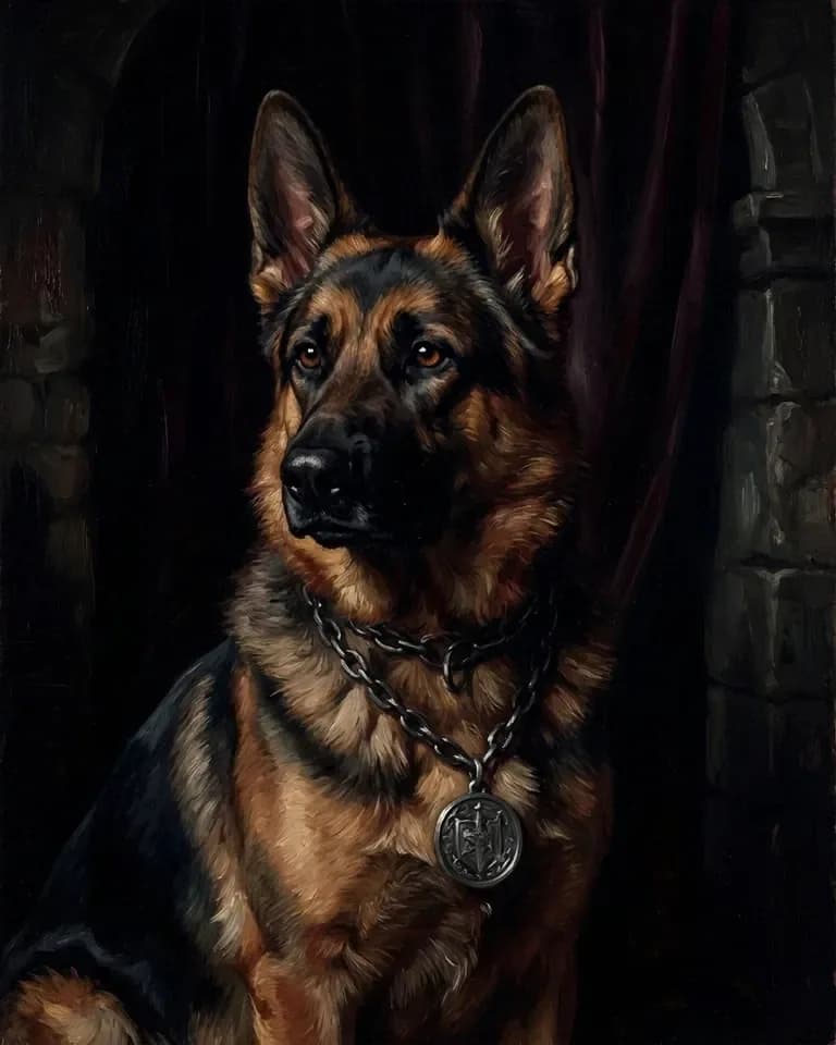 A German shepherd wearing a heavy chain and a silver medallion, lit from one side against dark stone and a deep red curtain.