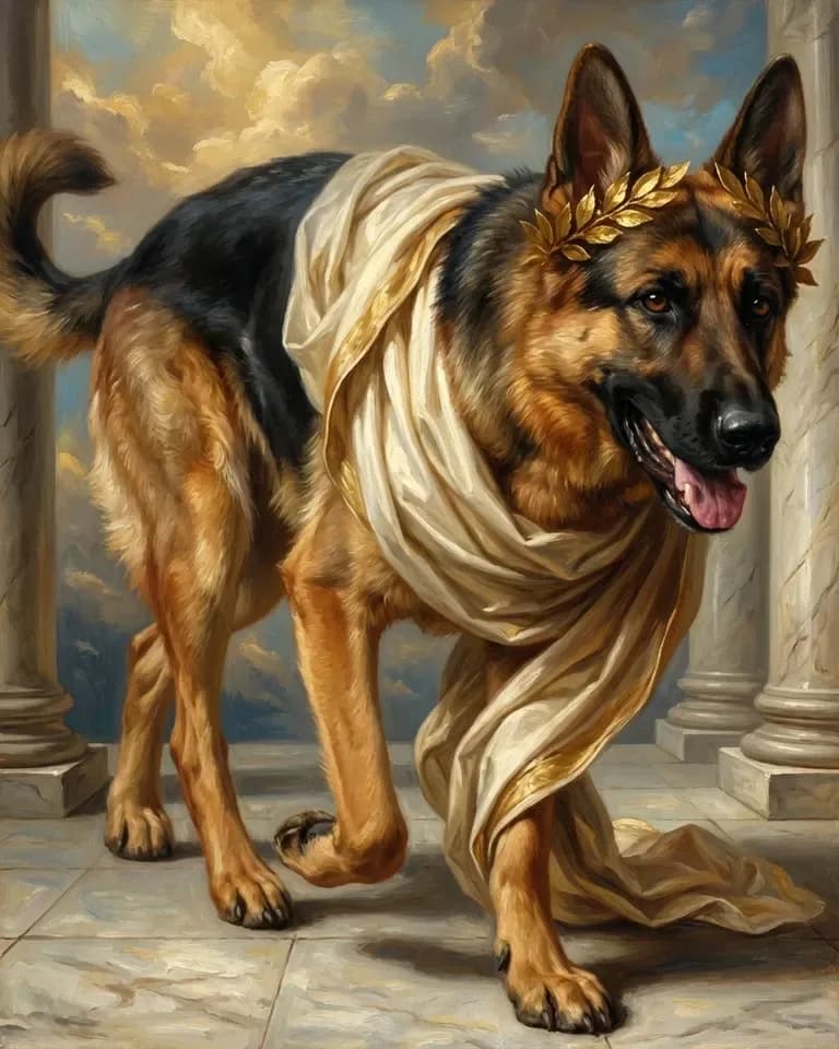 A German shepherd wearing a gold laurel wreath and a white toga, walking between marble columns under a bright, cloud-filled sky.