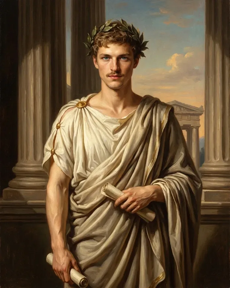 Greek God portrait of a man in a laurel wreath and toga holding a scroll, a Christmas gift for a mythology fan