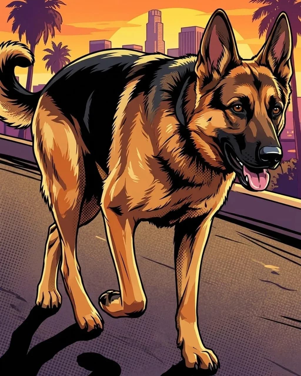A German shepherd walking along a palm-lined street, drawn in heavy cel-shaded outlines against an orange sunset skyline.