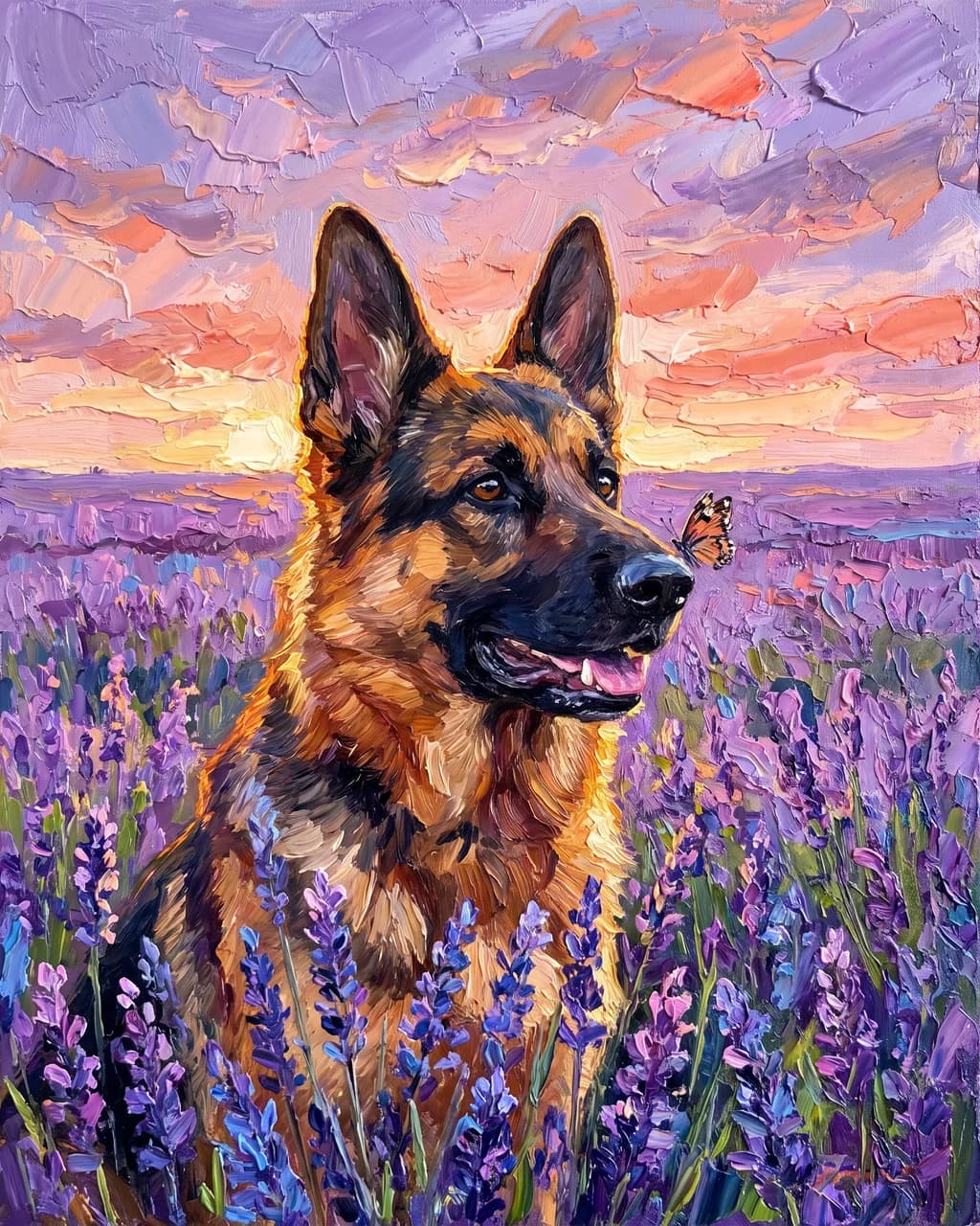 A German shepherd sits chest-deep in a lavender field at sunset, a small butterfly perched on its nose and the low sun rimming its fur in gold.