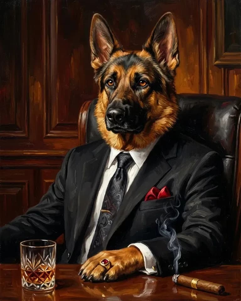 A German shepherd sits at a polished desk in a black suit and tie, a cigar smoking beside a glass of whisky in a wood-panelled room.