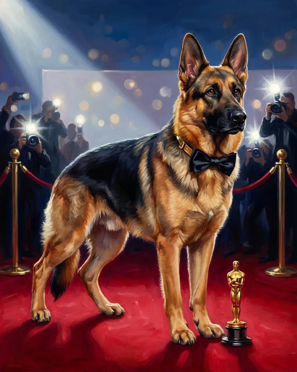 A German shepherd stands on a red carpet in a black bow tie, photographers' flashes firing behind the velvet ropes and a gold statuette at its feet.