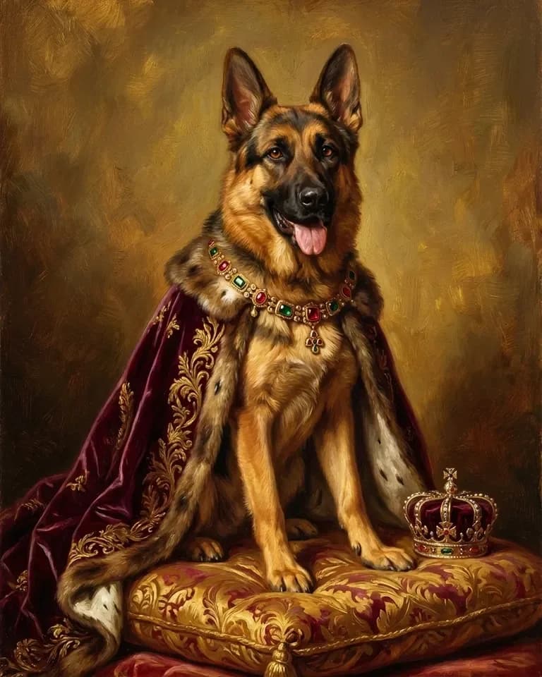 A German shepherd sits on a gold brocade cushion in a crimson velvet robe and a jewelled collar, a crown resting beside one paw, painted in warm old-master oils.