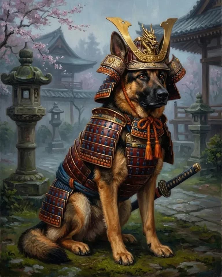 A German shepherd sits in lacquered red samurai armour and a horned gold helmet, in a misty temple garden with stone lanterns and cherry blossom.