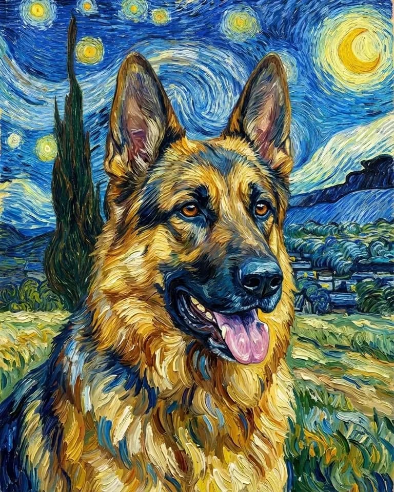 A German shepherd painted in swirling Post-Impressionist strokes under a starry blue night, a dark cypress rising at its shoulder.