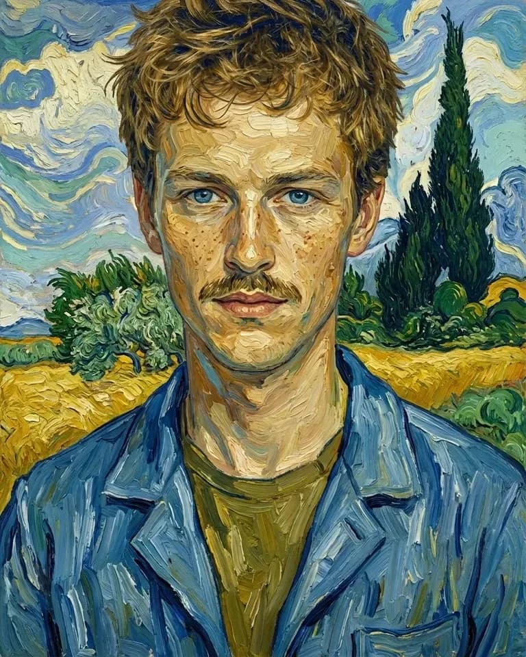 Van Gogh Style portrait of a man in a blue jacket in front of wheat fields and cypress trees, a Christmas gift for an art lover
