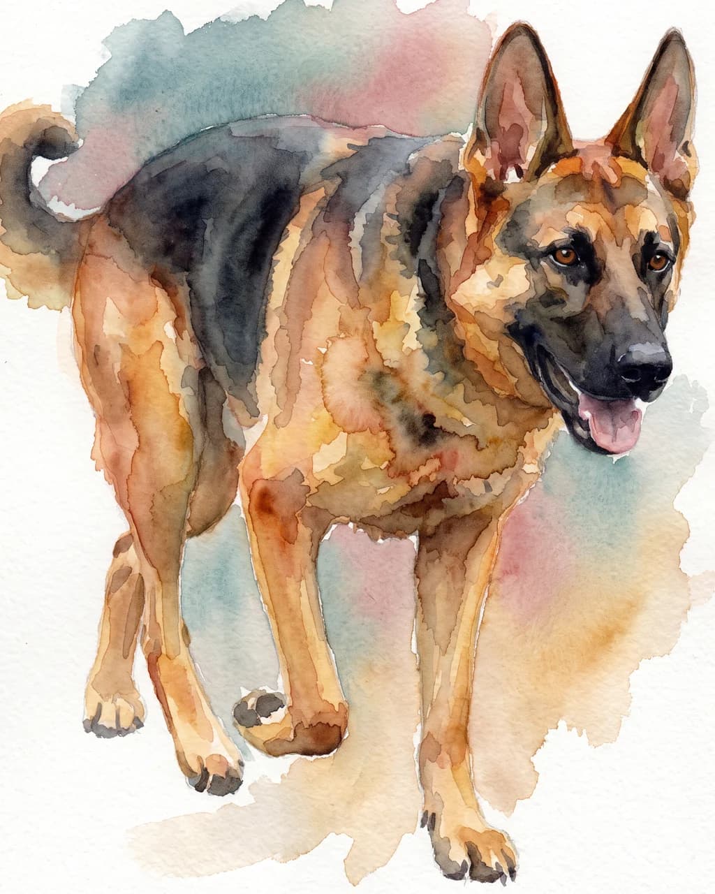 A German shepherd walking forward, painted in loose watercolor washes on white cotton paper with soft blooms of pink and blue behind it.