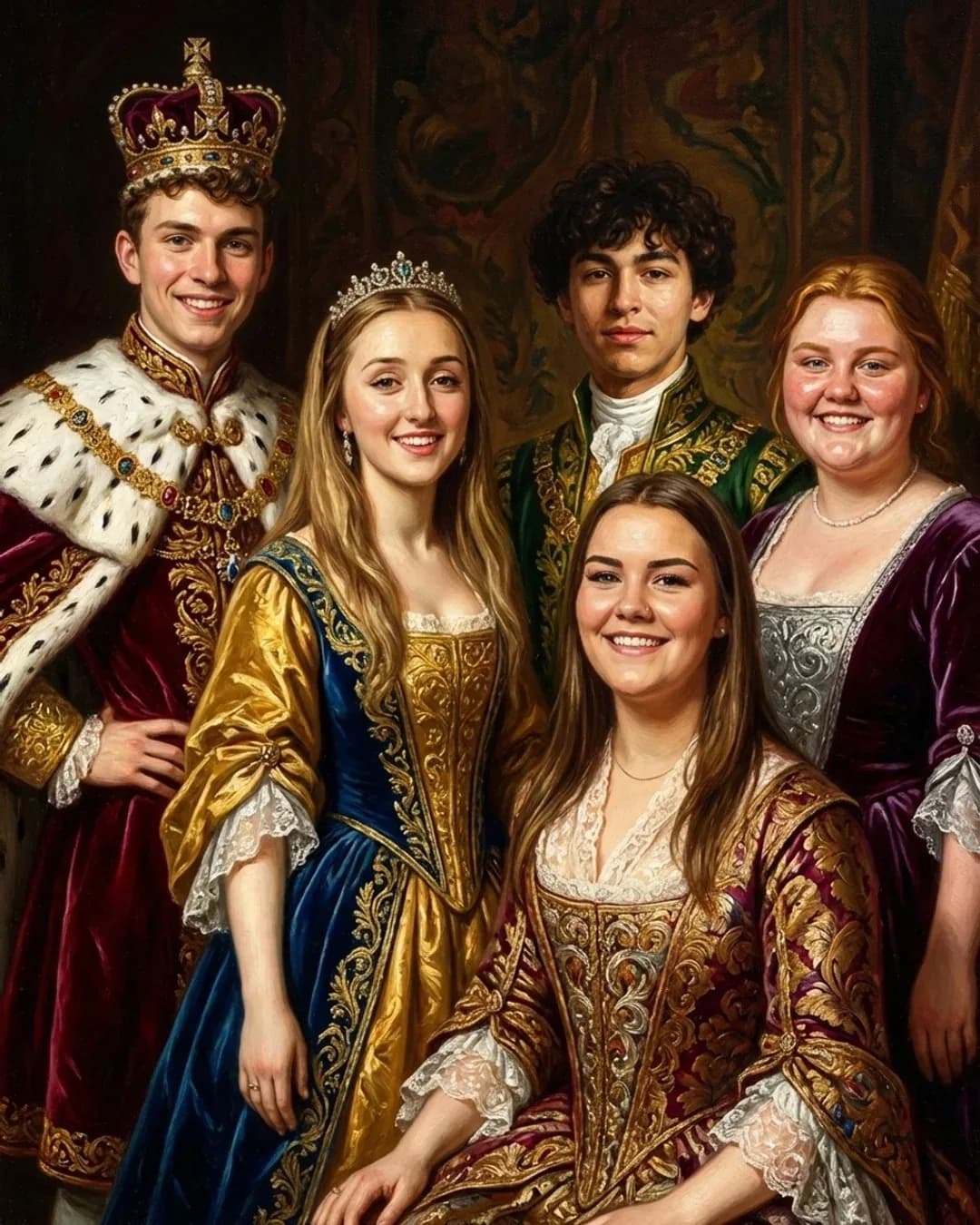 Renaissance Royal group portrait of five friends in crowns and court dress, a Christmas gift for a whole household