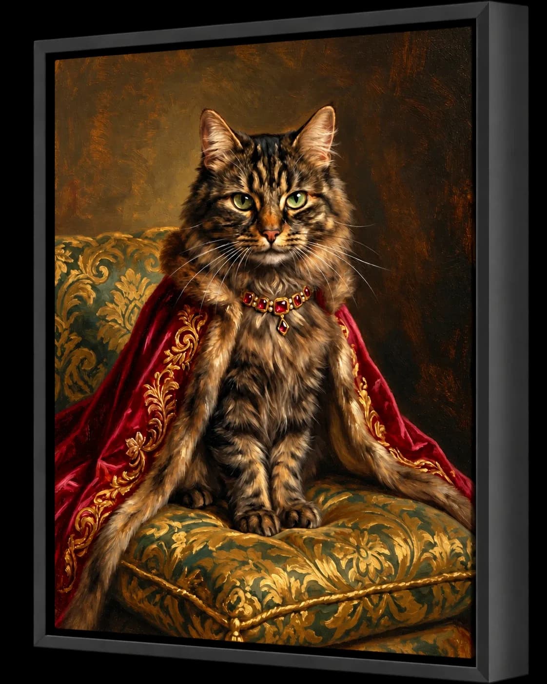 Framed canvas of a tabby cat painted in the Renaissance Royal style