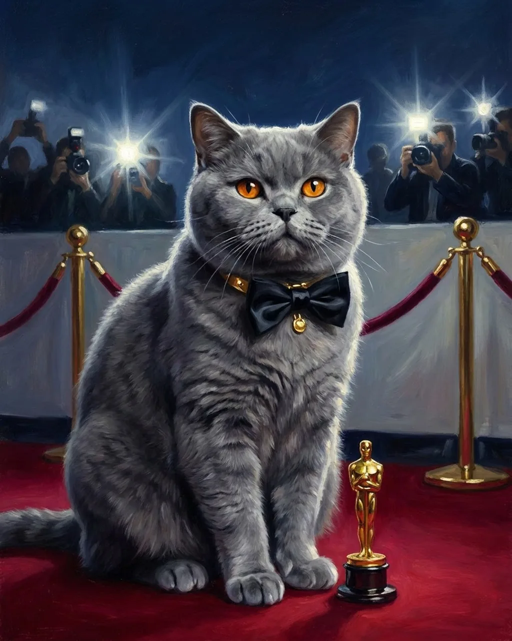 A grey cat in a black bow tie sits on a red carpet between velvet ropes, photographers firing their flashes behind it and a gold statuette at its side.