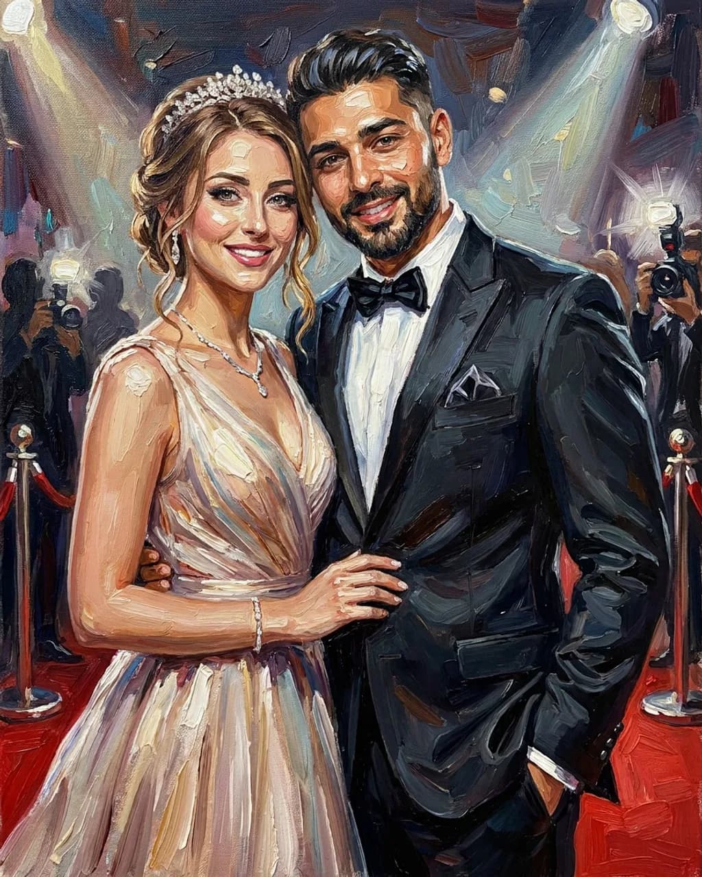 A couple on a red carpet — a woman in a tiara and a pale gown beside a man in a black tuxedo — painted in loose, thick brushstrokes with flashbulbs behind them.