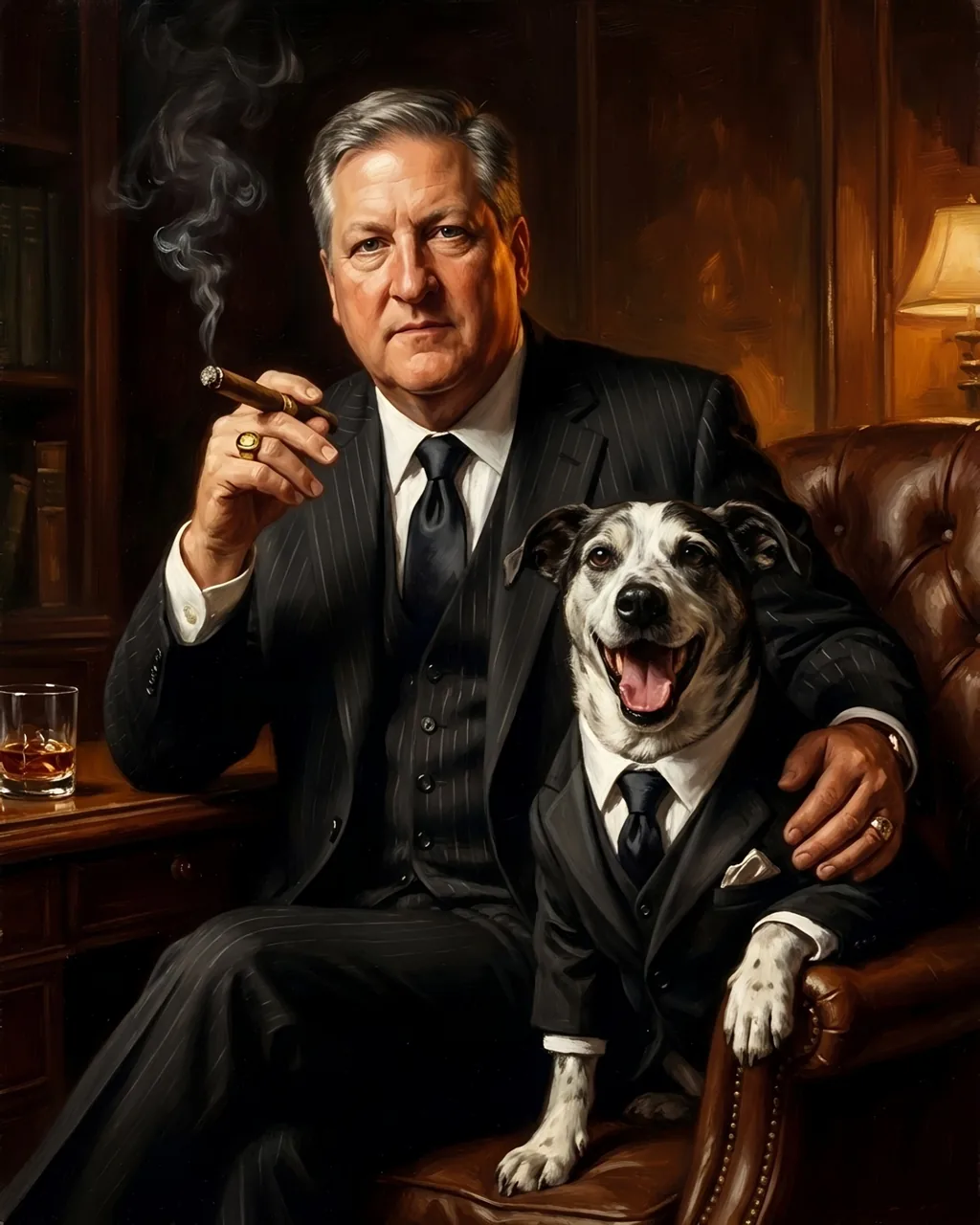A grey-haired man in a pinstripe suit holds a cigar in a wood-panelled study, one arm around a black and white dog wearing a matching suit and tie.